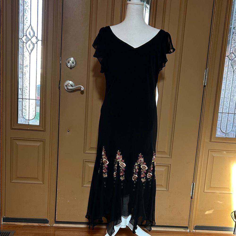 S.L. Fashions Black High Low Dress with Floral Accents